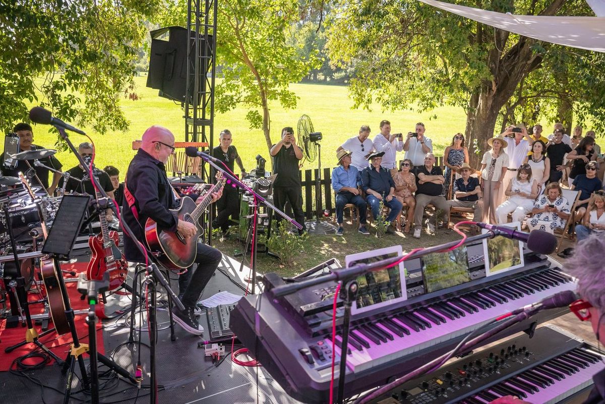 Escenario con banda en vivo al mediod&iacute;a en un almuerzo de campo, con el p&uacute;blico sentado bajo los &aacute;rboles
