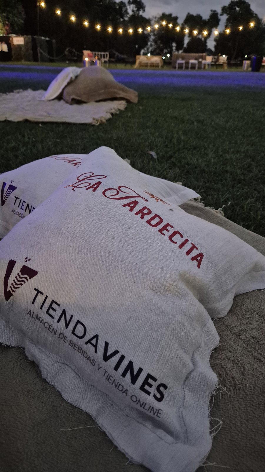 Zona de estar con almohadones de marcas y guirnaldas de luces al atardecer