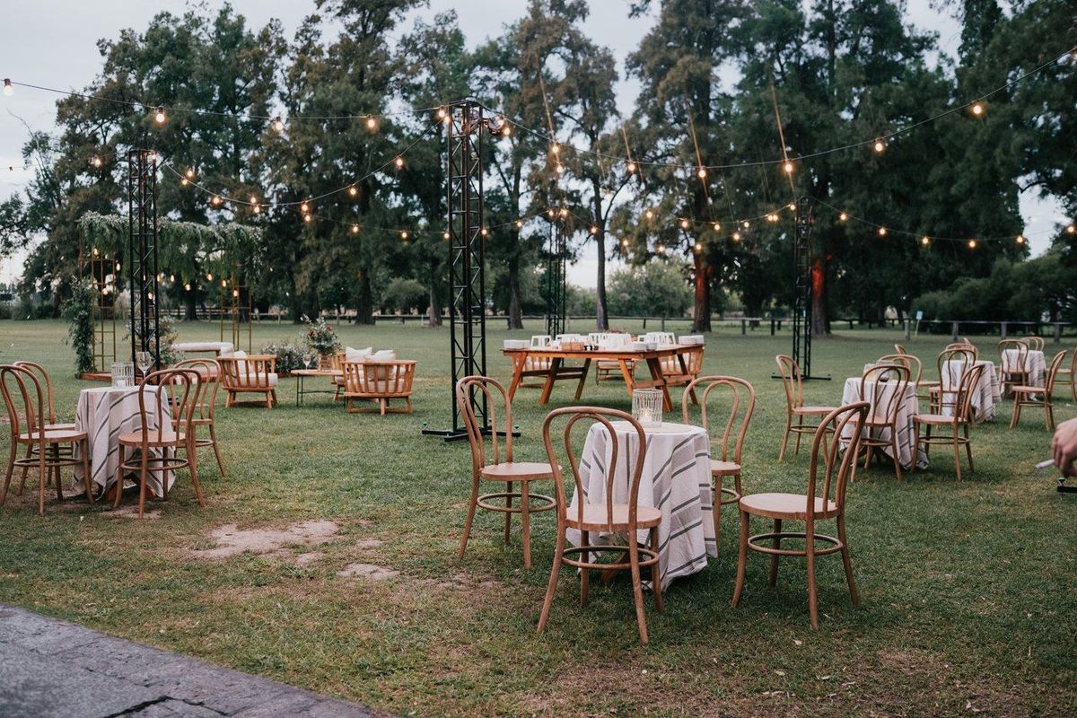 Recepción de boda en parque con guirnaldas